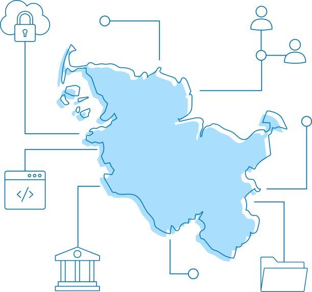 Karte von Schleswig-Holstein von der ausgehend Icons zum Thema Sicherheit, Conneectivity, Regierung, Archivierung und Coding ausgehen